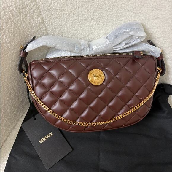 Versace Quilted Burgundy/brown Crossbody Bag with Gold Chain - Picture 2 of 7